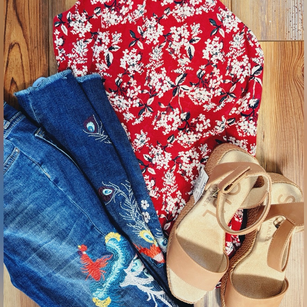 Nordstrom Red and White Floral Blouse